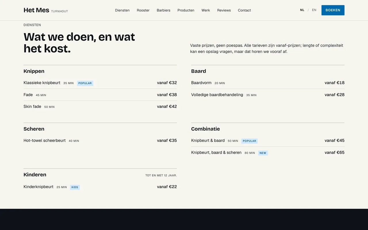 Wat de zaak aanbiedt, met echte prijzen.