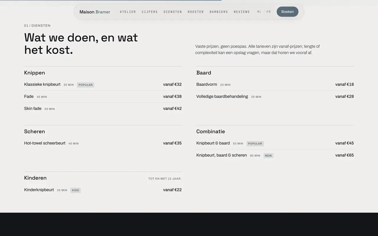 Wat de zaak aanbiedt, met echte prijzen.
