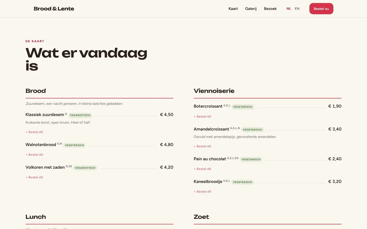 Wat de zaak aanbiedt, met echte prijzen.