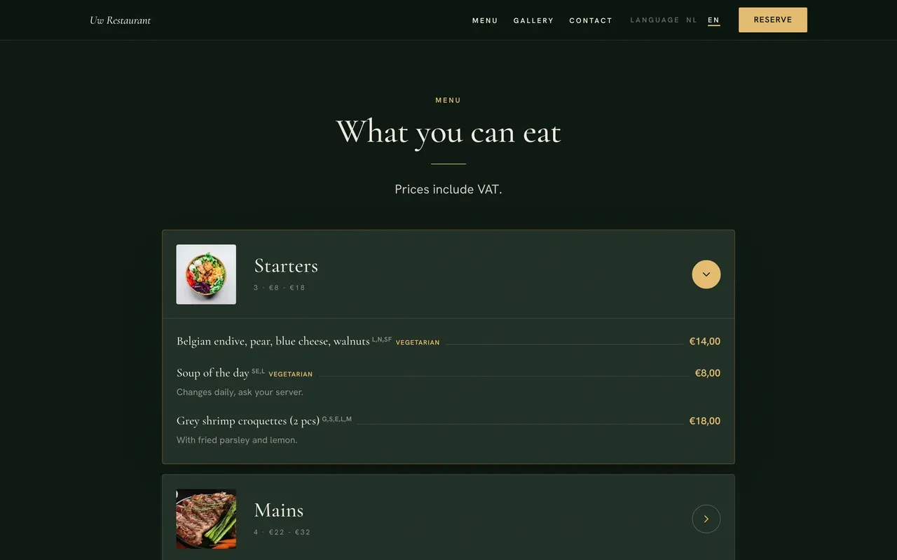What the business sells, with real prices.