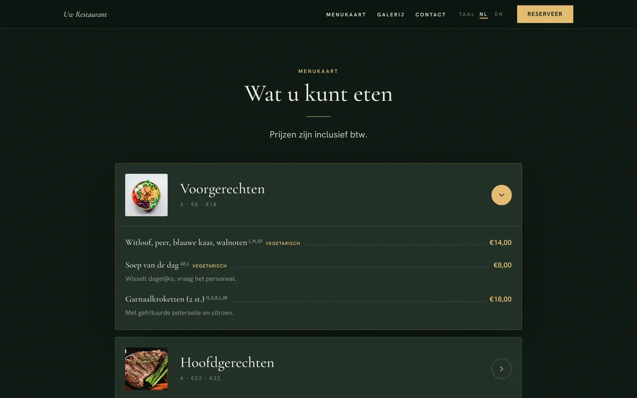 Wat de zaak aanbiedt, met echte prijzen.