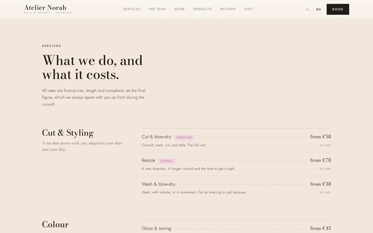 What the business sells, with real prices.