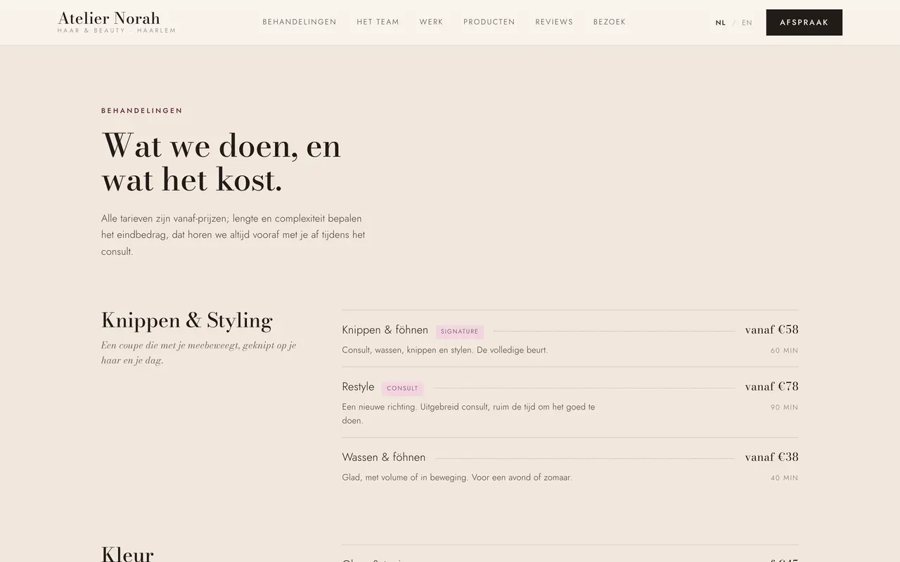 Wat de zaak aanbiedt, met echte prijzen.